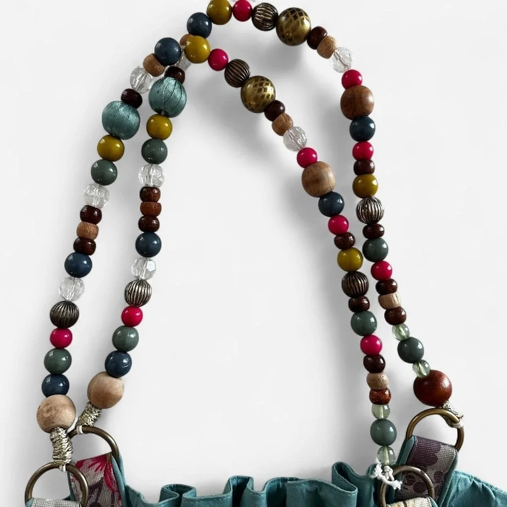 Boho Floral Beaded Handle Tote Bag Canvas Sequin Handbag Teal